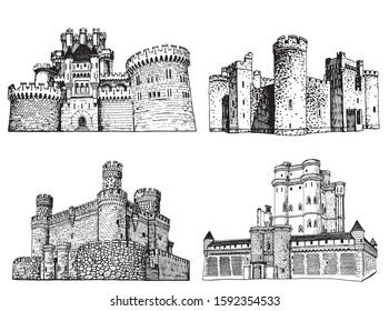 Graphical set of castles isolated on white background,vector illustration,architecture