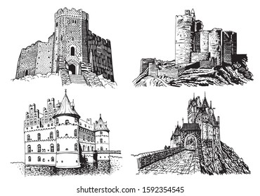 Graphical set of castles isolated on white background,vector illustration,architecture
