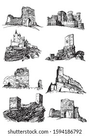 Graphical set of castles isolated on white background, vector illustration,architecture