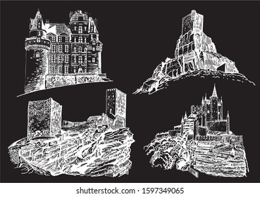 Graphical set of castles isolated on black background,vector engraved illustration, architecture