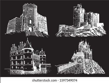 Graphical set of castles isolated on black background,vector engraved illustration, architecture