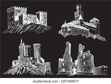 Graphical set of castles isolated on black background,vector engraved illustration, architecture