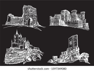 Graphical set of castles isolated on black background,vector engraved illustration, architecture