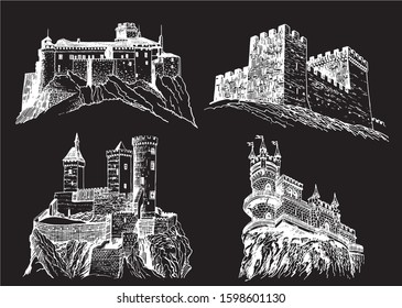 Graphical set of castles isolated on black background,vector engraved illustration	
