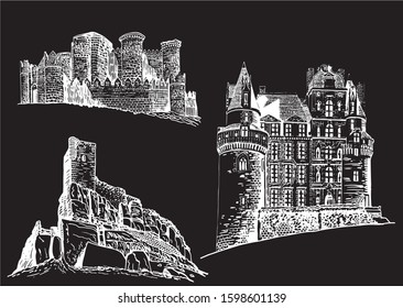 Graphical set of castles isolated on black background,vector engraved illustration	
