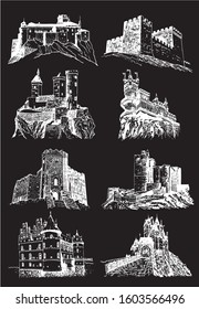 Graphical set of castles isolated on black background, vector engraved illustration