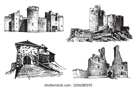 Graphical set of castles isolated on white background,vector illustration,architecture