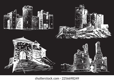Graphical set of castles isolated on black background,vector illustration,architecture
