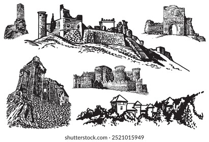 Graphical set of castles on white,medieval architecture . Vector Illustration