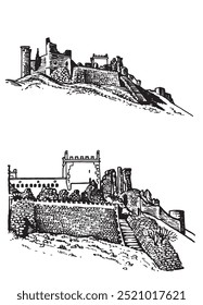 Conjunto gráfico de castelos em Espanha isolado no fundo branco, ilustração vetorial	