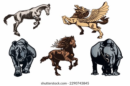 Graphical set of Chinese dragon with wings and horse body, horses and rhinos isolated on white background,vector color illustration ,tattoo and printing design