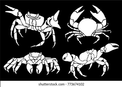 Graphical set of crabs isolated on black background,vector sea food illustration