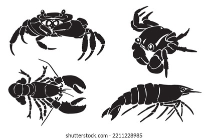  Graphical set of crabs,shrimps and lobsters isolated on white background,vector illustration, sea-food