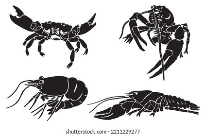  Graphical set of crabs,shrimps and lobsters isolated on white background,vector illustration, sea-food