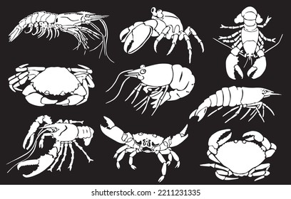Graphical set of crabs,shrimps and lobsters isolated on black background,vector engraved illustration, sea-food