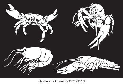 Graphical set of crabs,shrimps and lobsters isolated on black background,vector engraved illustration, sea-food