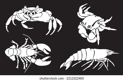 Graphical set of crabs,shrimps and lobsters isolated on black background,vector engraved illustration, sea-food