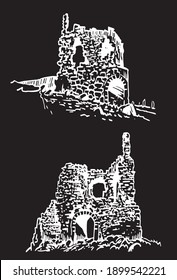 Conjunto gráfico de castillos crimeos aislados en fondo negro, ilustración vectorial