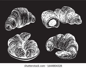 Graphical set of croissants isolated on black background,vector engraved  illustration