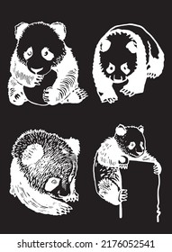 Graphical set of cute pandas isolated on black background, Asian animal, engraved illustration
