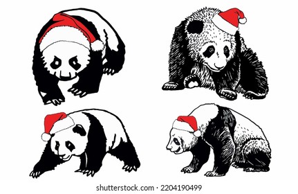 Graphical set of cute pandas in Santa Claus hats isolated on white,vector new year  elements for design