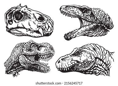 Graphical set of dinosaur heads isolated on white ,vector illustration,hand-drawn elements 