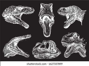 Graphical set of dinosaur portraits isolated on black background,vector engraved illustration