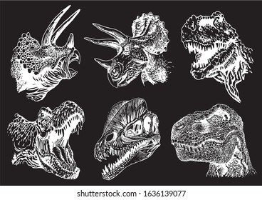 Graphical set of dinosaur portraits isolated on black background,vector engraved illustration