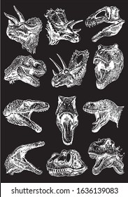 Graphical set of dinosaur portraits isolated on black background,vector engraved illustration