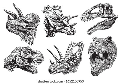 Graphical set of dinosaur portraits isolated on white background, paleontology, vector elements