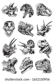 Graphical set of dinosaur portraits isolated on white background, paleontology, vector elements
