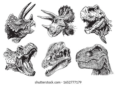 Graphical set of dinosaur portraits isolated on white background, paleontology, vector elements