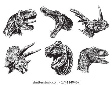Graphical set of dinosaur portraits isolated on white background, vector illustration