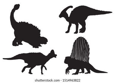 Graphical set of dinosaur silhouettes isolated on white background,vector illustration