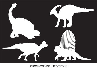 Graphical set of dinosaur silhouettes isolated on black background,vector illustration	