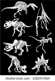 Graphical set of dinosaur skeletons isolated on black background,vector sketch