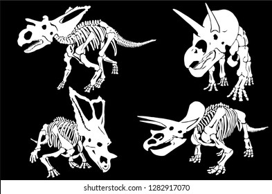 Graphical set of dinosaur skeletons isolated on black background,vector sketch