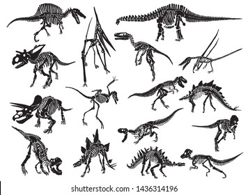 Graphical set of dinosaur skeletons isolated on white background,vector sketch for tattoo and printing