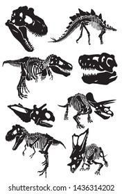 Graphical set of dinosaur skeletons isolated on white background,vector sketch for tattoo and printing