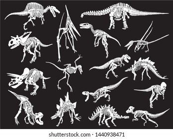 Graphical set of dinosaur skeletons isolated on black background,vector sketch for tattoo and printing