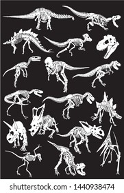 Graphical set of dinosaur skeletons isolated on black background,vector sketch for tattoo and printing