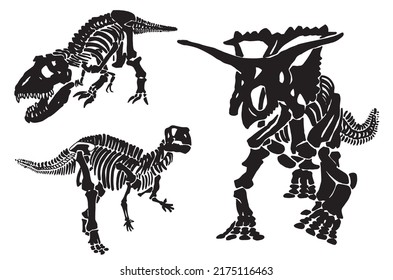 Graphical set of dinosaur skeletons isolated on white background,vector sketch, fossils