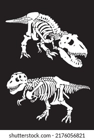 Graphical set of dinosaur skeletons isolated on black background,vector silhouettes, fossils