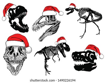 Graphical set of dinosaur skeletons in Santa Claus hat isolated on white, vector new year illustration