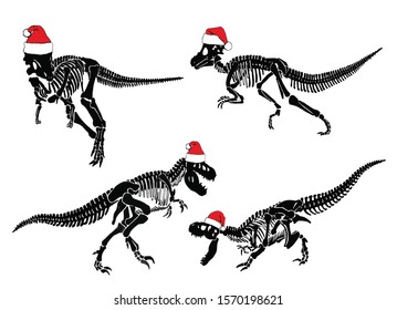 Graphical set of dinosaur skeletons in Santa Claus hats isolated on white background,vector illustration 