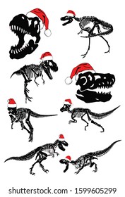Graphical set of dinosaur skeletons in Santa Claus hats isolated on white background,vector new year illustration