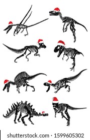 Graphical set of dinosaur skeletons in Santa Claus hats isolated on white background,vector new year illustration