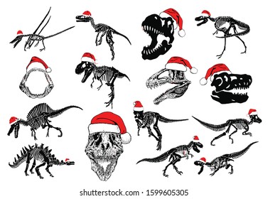 Graphical set of dinosaur skeletons in Santa Claus hats isolated on white background,vector new year illustration