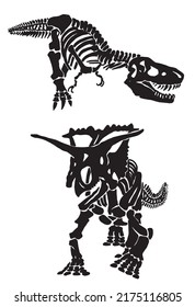 Graphical set of dinosaur skeletons silhouettes isolated on white background,vector sketch, fossils