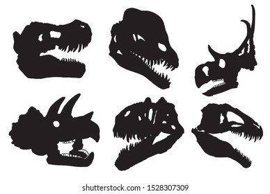 Graphical set of dinosaur skull silhouettes isolated on white background,vector illustration for tattoo and printing